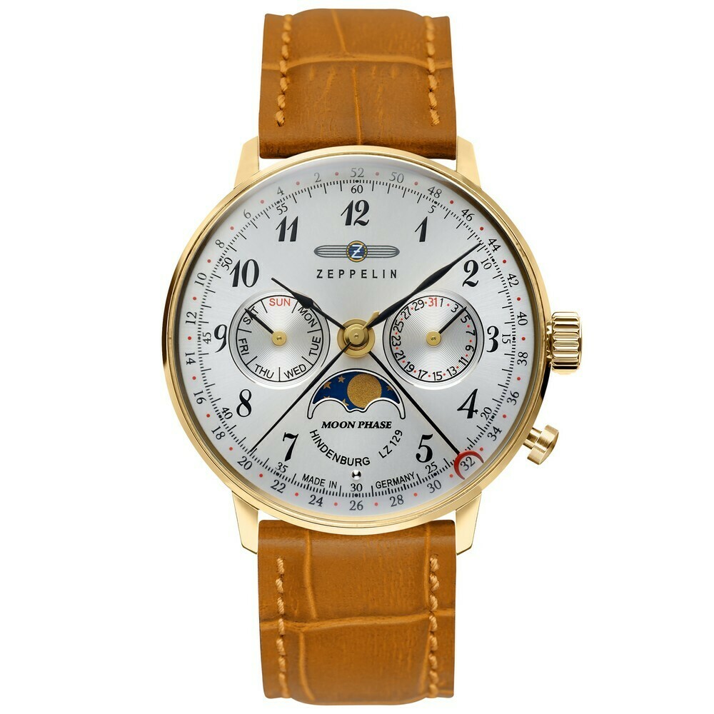 Montre quartz Zeppelin moonphase dor&eacute;e cuir marron 7039-1