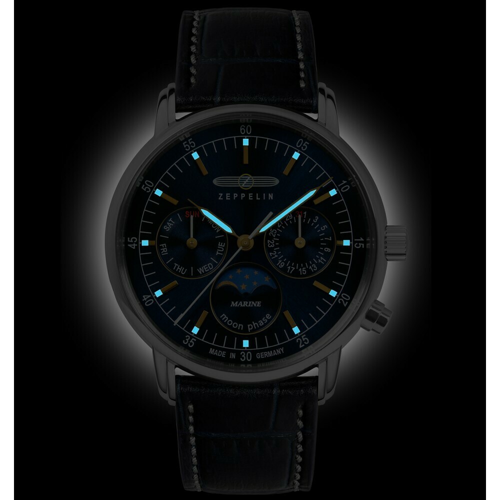 Montre quartz Zeppelin phase de lune bleue femme 8635-3 nuit