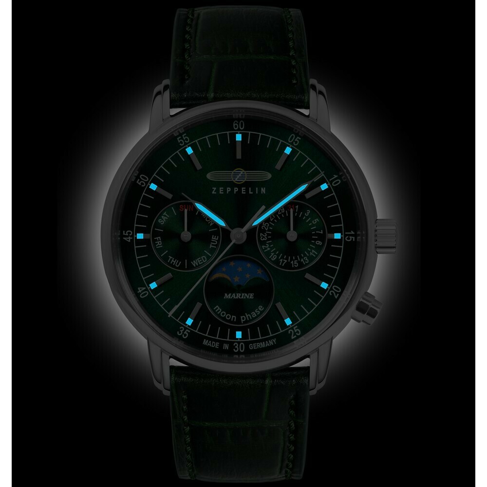 Montre quartz Zeppelin phase de lune verte femme 8635-4 nuit