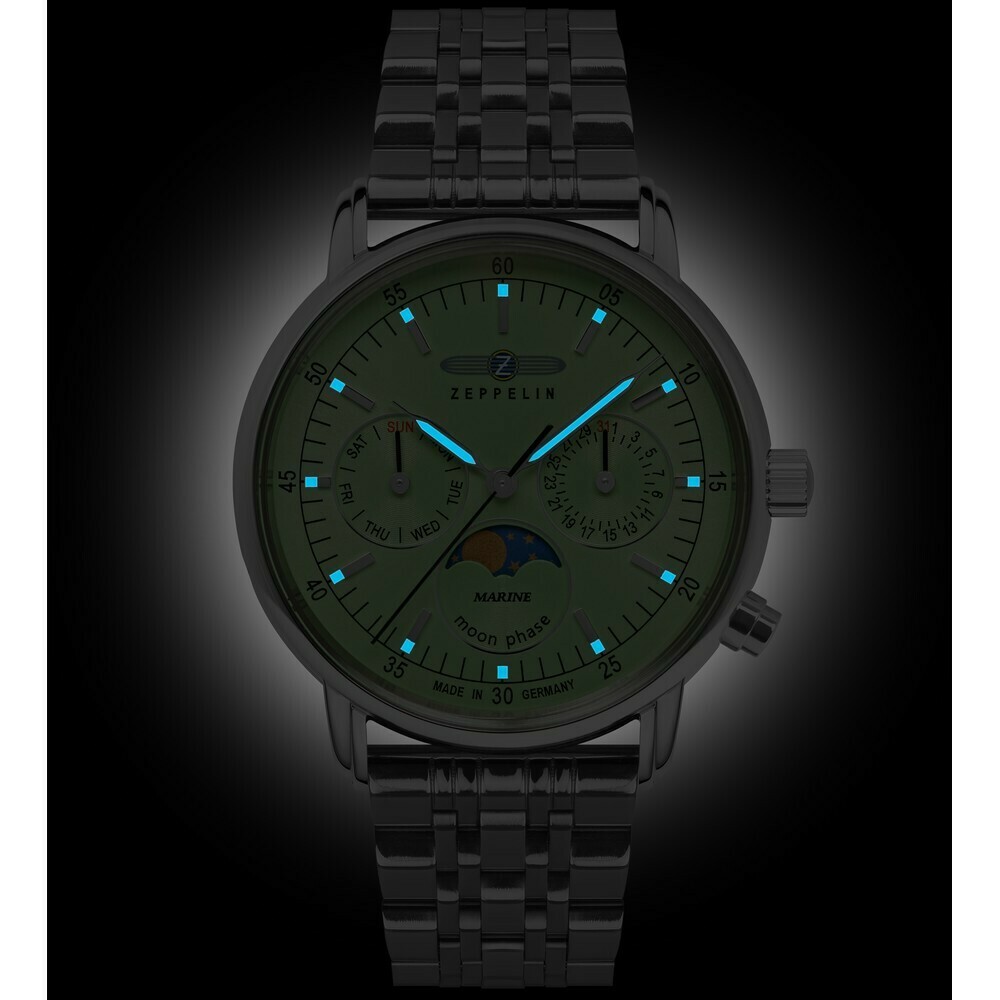 Montre quartz Zeppelin bracelet acier vert menthe 8637M-4 nuit