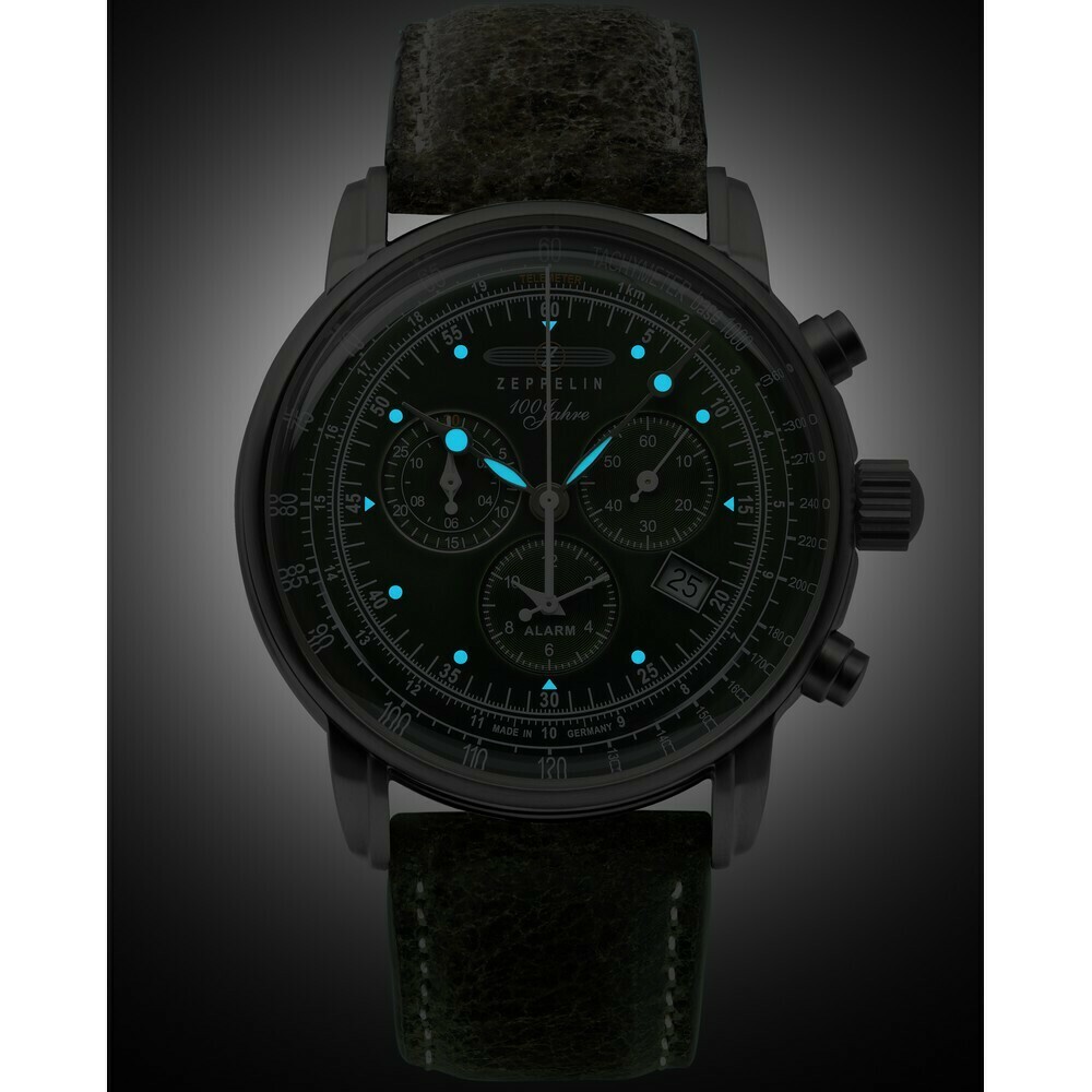 Montre chronographe Zeppelin alarme cadran vert homme 8680-4 nuit