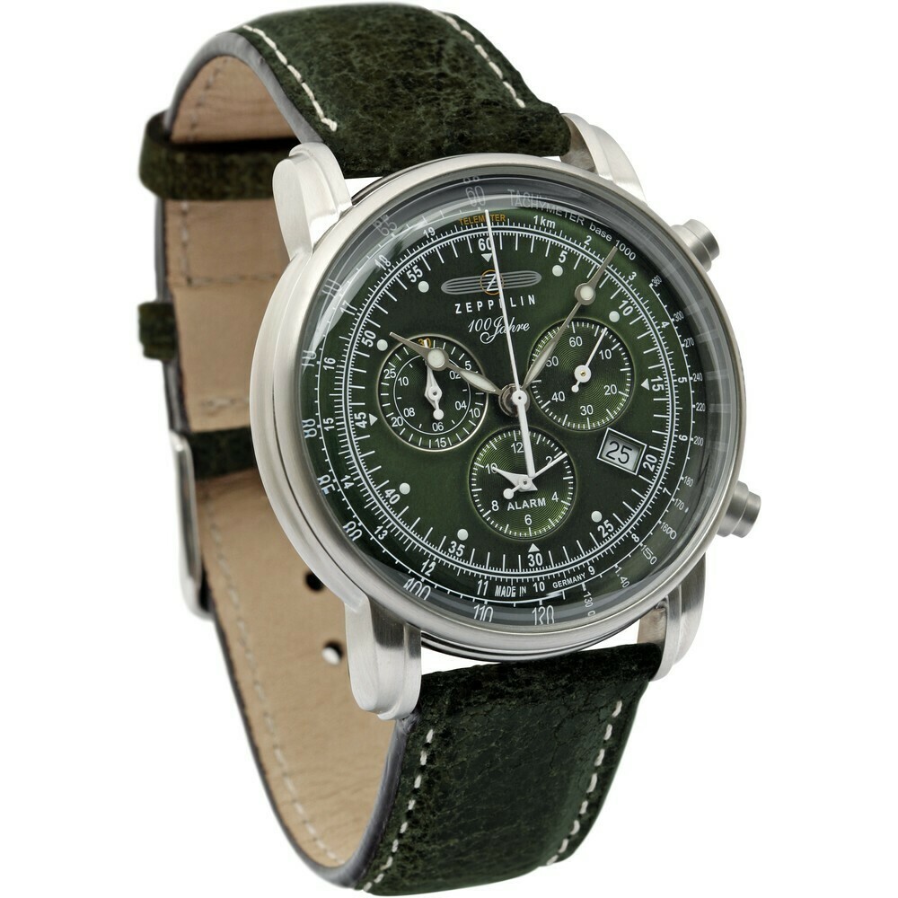 Montre chronographe Zeppelin alarme cadran vert homme 8680-4 perspective